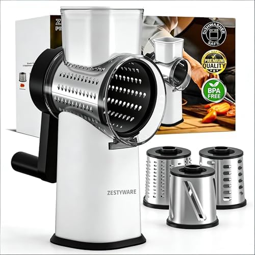 Rotary Cheese Grater Hand Crank with Foldable Handle, Three Blades