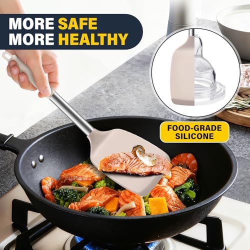2 Pack Silicone Spatula Set, Solid & Slotted Turner for Non-Stick Pans, High Heat Resistant Silicone Spatula for Cooking, BPA-Free Stainless Steel Cooking Utensils for Fish, Eggs, Pancakes, Khaki