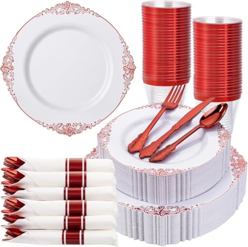 Nervure 350Pcs Red Plastic Plates, Plastic Dinnerware Set for 50 Guests