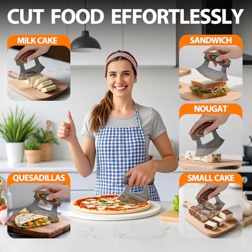 Pizza Cutter Rocker Knife, Sharp Ulu Knife with Wooden handle, Stainless Steel Blade Mincing Knives with Colored Wood Stand