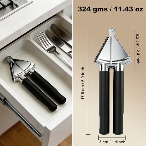 3WAVES Garlic Press | Built-In Cleaner | Large Chamber for Multiple Cloves | Heavy Duty | Ergonomic Handle | Rust-Resistant Die Cast Zinc Alloy | Food-Grade & Independently Tested