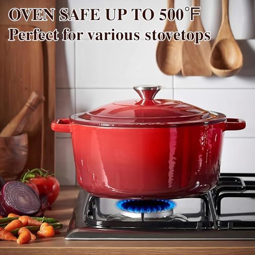 Umite Chef 7QT Enameled Cast Iron Dutch Oven with Lid & Cotton Potholders–Heavy-Duty Cookware for Bread Baking, Braising, Stews, Marinate, Cook(Red)
