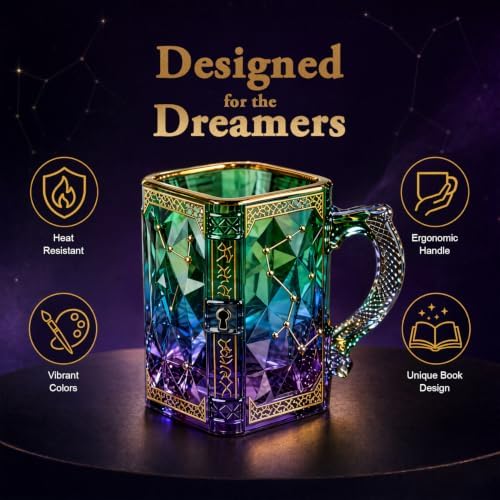 FACE N FACE Zodiac Glass Mug, 8 oz Celestial Constellation Coffee & Tea Cup with Dragon Scale Handle, Green Purple Astrology Mug, Witchy Magic Cup for Halloween Christmas Gift