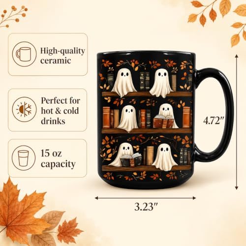 Hyturtle Cute Ghost Read Book Mug - Black Coffee Cup Ceramic Mug 15 Oz And Keychain - Book Gifts For Women Lover - Bookish Gift For Bookworm Librarian - Inspirational Librarian Present For Halloween