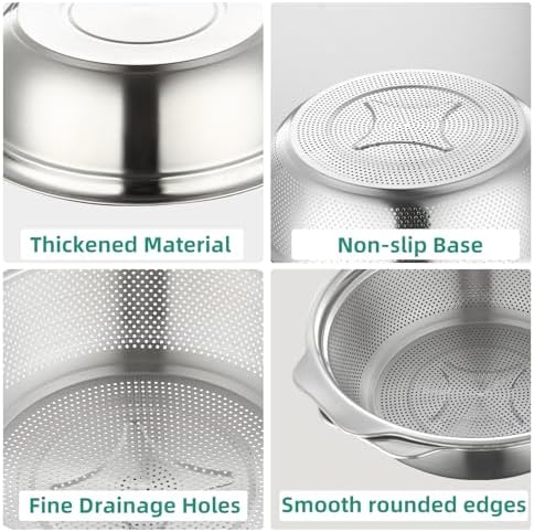 Colander for Kitchen Microporous, 5QT Strainer with Mixing Bowl Large Capacity, Stainless Steel Colander with Handle for Washing Vegetables, Fruit, Rice and Draining Cooked Pasta(2PC)