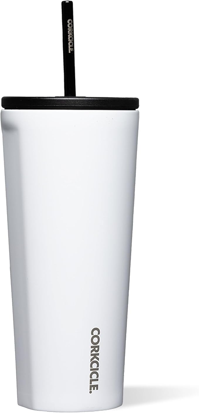 Corkcicle Cold Cup Insulated Tumbler with Straw - Keeps Drinks Cold for 12 Hours - Triple-Insulated Stainless Steel - Leak-Resistant Lid - Summer Drinkware Gift - 24 oz - Gloss White