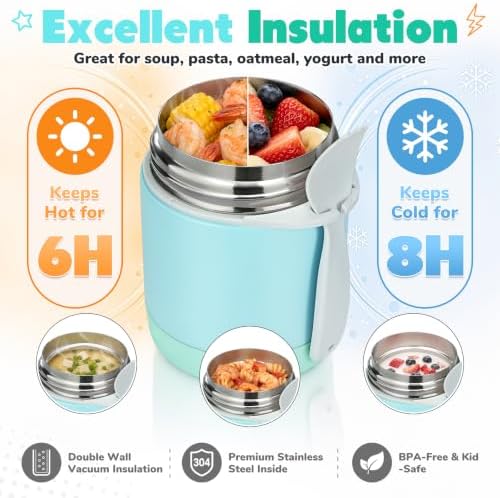 10oz Soup Thermo for Hot Food Kids,Lunch Thermo Kids Food Jar with Spoon Hot Insulated Food Containers,Leak Proof Stainless Steel Wide Mouth Lunch Thermo Jar for School(Mint-Green)