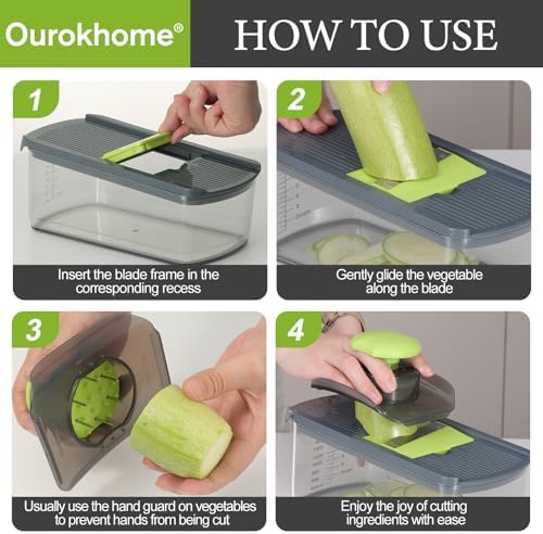 Ourokhome Mandolin Slicer for Kitchen Food, Hand Safe Vegetable Shredder with 6 Mandoline Blades, Veggie Waffle Cutter for Potato, Carrot, Zucchini, Onion, Essential Kitchen Gadgets (6 in 1, Gray)