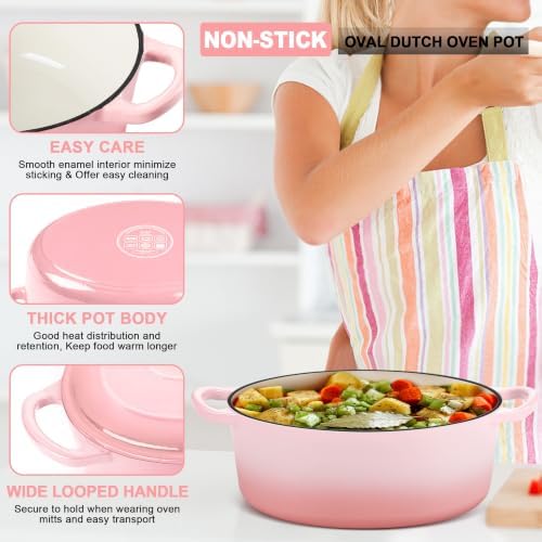 E-far 7QT Oval Dutch Oven Pot with Lid, Pink Enameled Cast Iron Dutch Oven