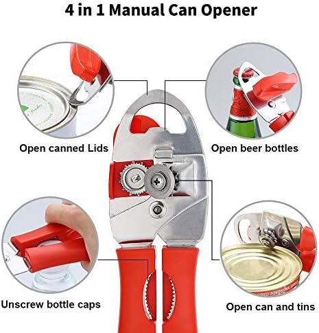 Can Opener Manual 4 in 1, Handheld Can Opener Bottle Opener Safe Cut and Smooth Edge with Ergonomic Grip Large Turn Knob Great for Seniors with Arthritis (Red)