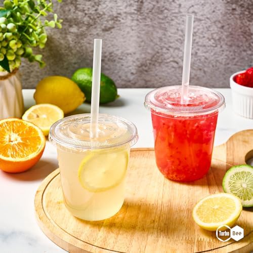 Turbo Bee Disposable Plastic Cups with Lids and Straws, 12 OZ, 100 Pack
