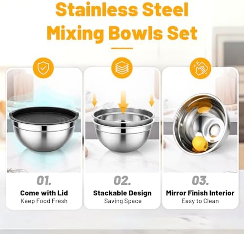 Beasea Stainless Steel Mixing Bowls with Lids, 2 Pack 2.5 QT Stackable Nesting Metal Mixing Bowls with Lids Set, for Baking, Prepping, Serving, Cooking, Kitchen Food Storage