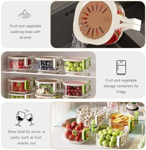 Fruit Vegetable Washing Bowl with Strainer, Berry Lettuce Keeper for Fridge Refrigerator Organization, Portable Colander for Kitchen Fridge, Drainer Container With Lid, 2 Pack (Brown)
