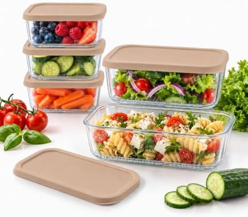Glass Food Storage Containers with Lids - 10 Piece - 3 x 25.4 oz & 2 x 57.5 oz Glass with BPA-Free Leak Resistant Stackable Lids - Microwave, Oven & Dishwasher Safe - Ideal for Meal - Cashew Cream