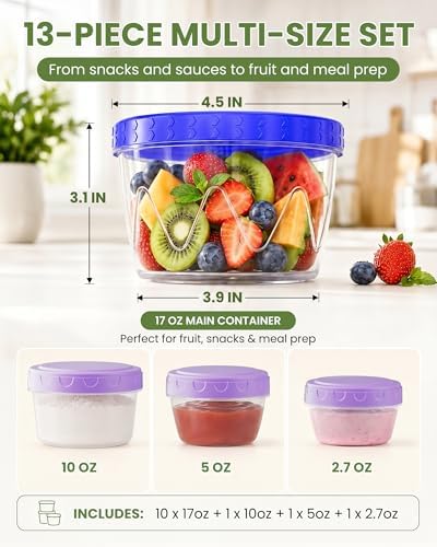 13 Pack-17/10/5/2.7oz Reusable Freezer Storage Containers, Airtight Plastic Food Sauce Salad Dressing Storage Containers with Twist Top Lids, BPA Free, Stackable, Leakproof, Microwave/Dishwasher Safe