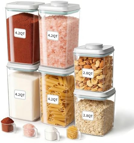 Airtight Food Containers Set with One-Touch Lid, Mixed Size Set (2.8 Qt *2+ 4.2 Qt *4) with Scoop, Stackable Jars for Complete Kitchen Organization