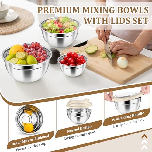 P&P CHEF Metal Mixing Bowls with Lids Set, Visible Airtight Lids & Khaki