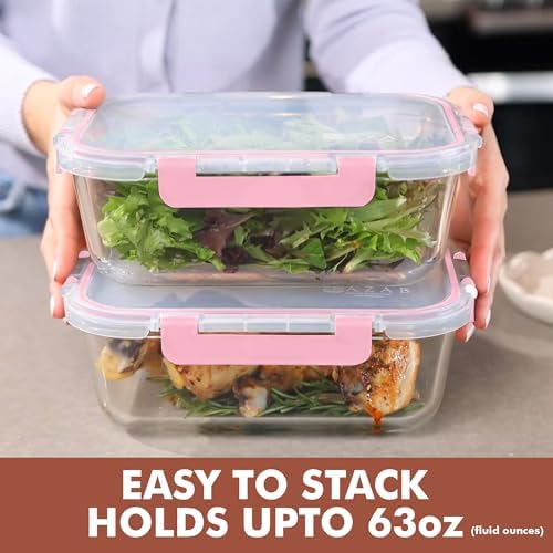 Razab 2 Pcs 1860ml / 63 Oz Large Glass Food Storage Containers with Lids - Glass Meal Prep Containers with Locking Lids for Roasting, Storing Leftover, Lunch Container, BPA Free, Microwave & Oven Safe