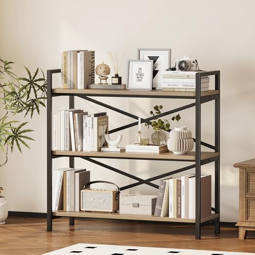 Homeiju 3 Tier Bookshelf 31.49" Width, Wood and Metal Etagere Bookcase, Vintage Farmhouse Modern Wooden Big Book Shelf for Home Living Room Bedroom Office Storage(Light Coffee)