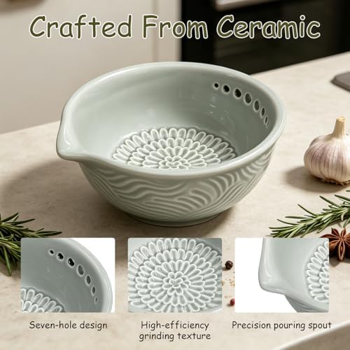 Grater Plate, 3 in 1 Handmade Tool Ceramic Bowl with Herb Stripper (Gray)