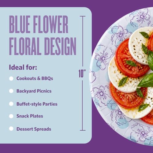 Glad Round Disposable Paper Plates, Blue Flower, 10 Inch 100 Count, 6-Pack