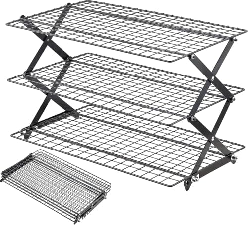 Pleafind 3 Tier Collapsible Cooling Rack - 4 Setting Design, Adjustable ＆ Stackable Baking Rack with X-Shaped Design and Leak-Proof Mesh Surface, Cooling Racks for Cooking and Baking, Dishwasher Safe