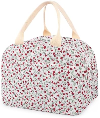 Cotton Quilted Insulated Lunch Bag, Reusable Quilted Floral Lunch Tote Bags