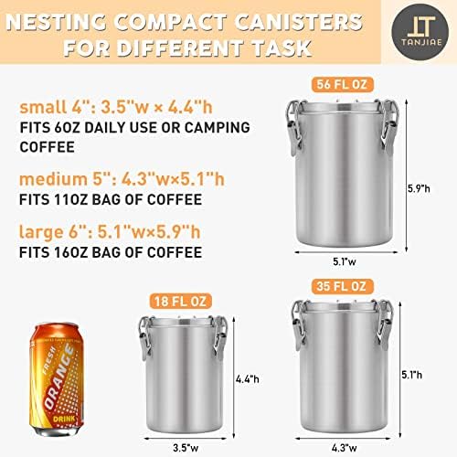 Tanjiae Stainless Steel Airtight Canister Sets for Small Kitchen | Compact High Quality Metal Food Storage Containers with Lids Sealed - Keep Flour, Sugar, Coffee, Tea Fresh for Months (18+35+56fl oz)