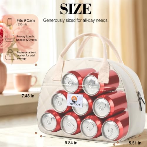 CaCTOUR Lunch Bag Women,Insulated Quilted Lunch Bag, Small Portable Cute Lunch Box,Cooler Bag Reusable Lunch Tote for Work/Travel/Picnic (Beige)