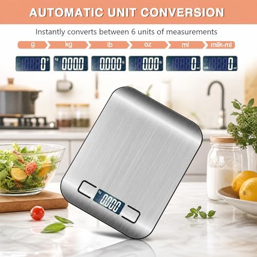 Digital Food Kitchen Scale, Stainless Steel, LCD Display, Precision Grams and Ounces for Baking, Cooking, Keto & Meal Prep, 11lb/5kg Capacity