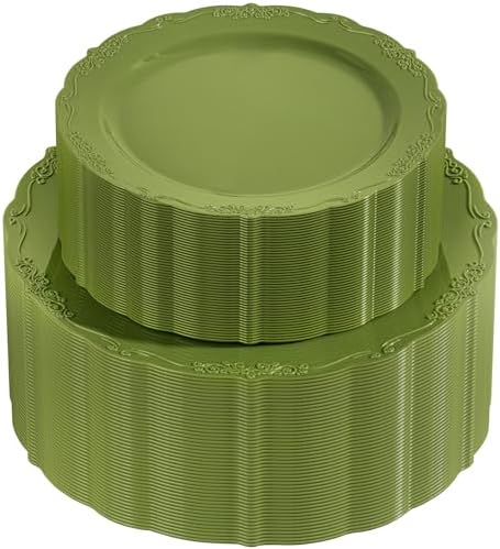 U-QE 100PCS Olive Green Plastic Plates - Plastic Green Plates Disposable