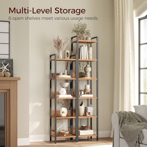 MAHANCRIS Bookshelf, 6-Tier Bookcase, Standing Book Shelf for Small Space, Storage Shelf Organizer, for Living Room, Bedroom, Study, Balcony, Rustic Brown and Black BKHR6601