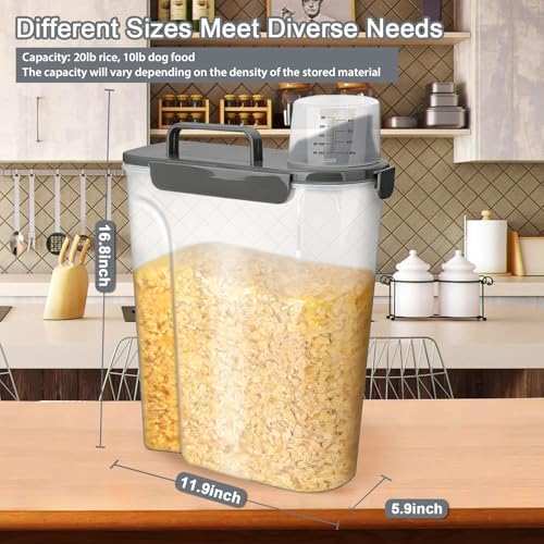 Komzon Rice Storage Containers, 20 LB Rice dispenser with Pouring Spout Large Bin for Flour, Pasta, Grain and Baking, Pet Dog Cat Bird Food Container Grey