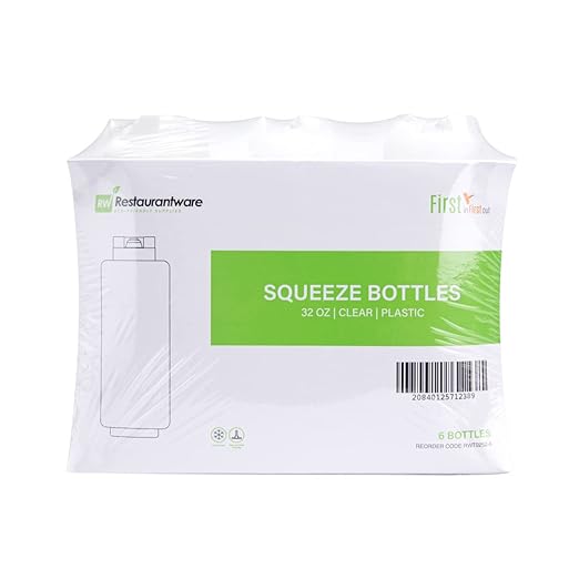 Restaurantware First In First Out 32 Ounce Condiment Squeeze Bottle 6 Refillable Lid FIFO Squeeze Bottle - Precision Dispensing Tip Flexible Clear Plastic Squeeze Bottle For Sauces