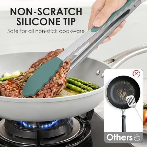 HOTEC Stainless Steel Kitchen Tongs with Silicone Tips, Set of 3-7",9" &12"