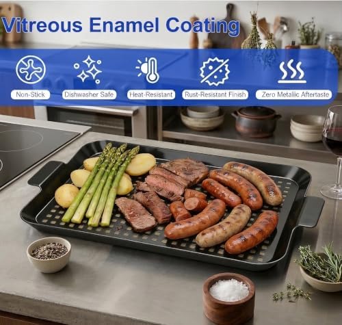 Grill Pan Topper with Holes for Outdoor BBQ, Non-Stick Enamel(14.4"x9.8")