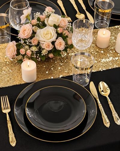 Nervure 100PCS Black and Gold Plastic Plates 10.25″Disposable Dinner Plate