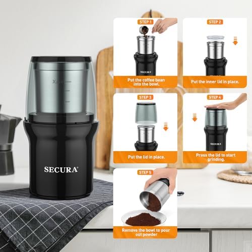 Secura Electric Coffee and Spice Grinder, 2 Removable Bowls, Black