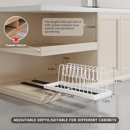 Magheo Pots and Pans Organizer Under Cabinet, 22" Deep Expandable Pull Out Pot Lid Organizer and Storage with 10 Adjustable Dividers No Drill Pot and Pan Holder Rack with Handle Bracket(1 Pack,White)