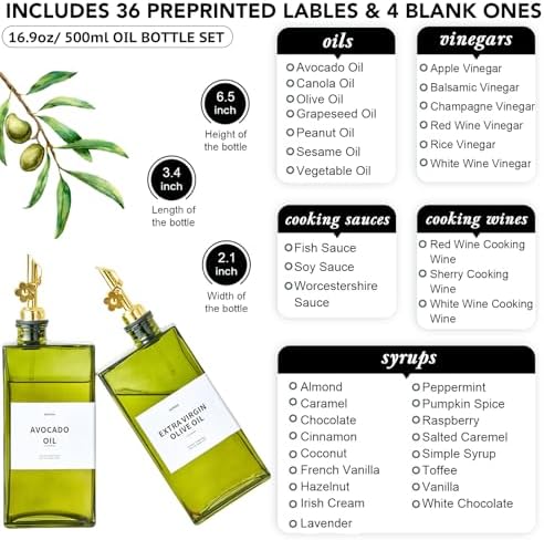 Olive Oil Dispenser Bottle for Kitchen, 16.9oz /500ml Cooking Vinegar Dispenser Bottle Set, Glass Sauce Container, Labels, Brush, Funnel, Stoppers, Green for Oil, Wine