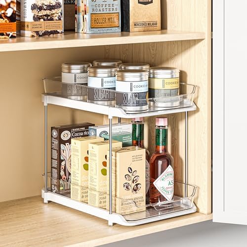 Delamu 2-Tier Multi-Purpose Bathroom Under Sink Organizers and Storage, Stackable Kitchen Pantry Organization, Pull Out Medicine Cabinet Organizer with Movable Dividers, White, 1 Pack