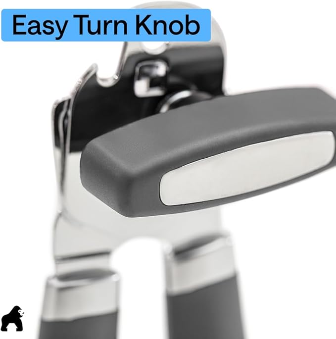 GORILLA GRIP Heavy Duty Stainless Steel Smooth Edge Manual Can Opener and Bottle Openers, Soft Comfortable Handle, Oversized Handheld Turn Knob, US Designed Multifunctional Kitchen Tool, Gray