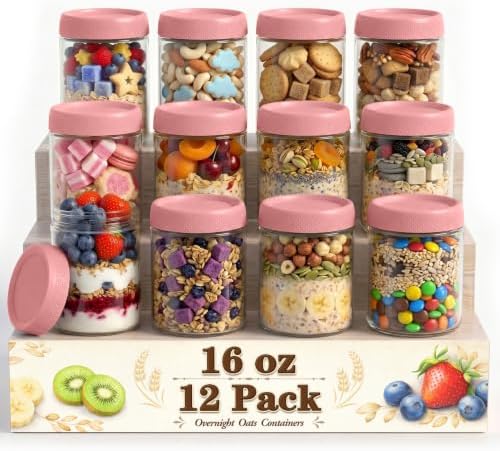 16oz Overnight Oats Containers with Lids, Pink Yogurt Containers with Lids