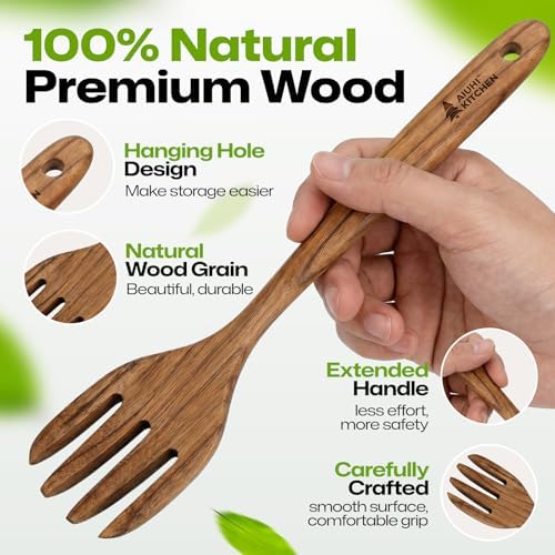 AIUHI Premium Teak Wood Salad Serving Fork, Ergonomic Handle Non-Scratch Wooden Cooking Fork, Durable Kitchen Utensil for Salad Mixing Pasta Tossing and Food Serving