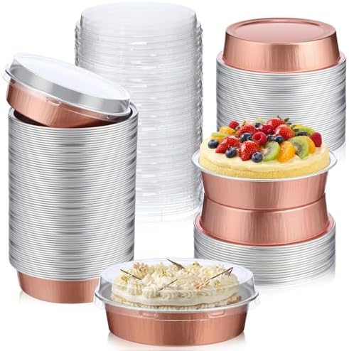 Yinder 8 oz Disposable Creme Brulee Ramekins with Lids, 4 Inch Mini Pie Tins Aluminum Foil Pie Tart Cake Baking Pans Individual Round Containers Oven Safe(Champagne Color,120 Pcs)