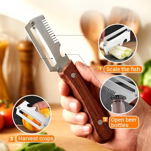 Premium Vegetable Peeler with Wooden Handle and Bottle Opener, Multi-Functional Vegetable Peeler for Kitchen, Kitchen Gadgets Tool for Fruit Pumpkin Peeling Potato Carrot Veggie Peeler (3)