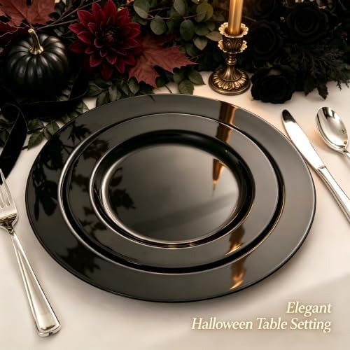 FLOWERCAT 60PCS Black Plastic Plates - Heavy Duty Black Disposable Plates for 30 guests Birthday Party/Wedding/Halloween- Include 30PCS 10.25inch Dinner Plates and 30PCS 7.5inch Dessert Plates