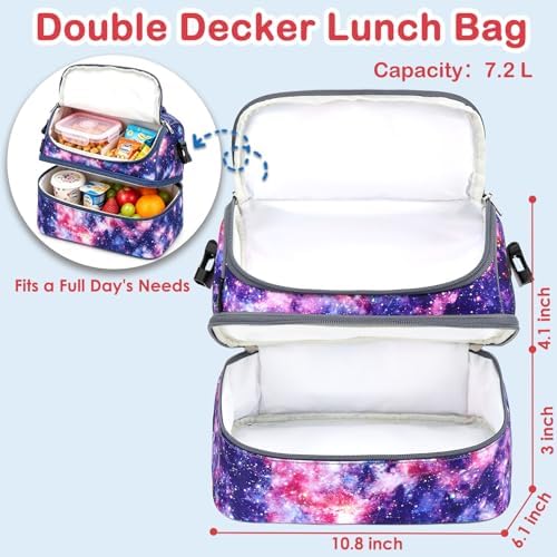 FlowFly Double Decker Cooler Insulated Lunch Bag Large Tote for Boys, Girls, Men, Women, With Adjustable Strap,Galaxy