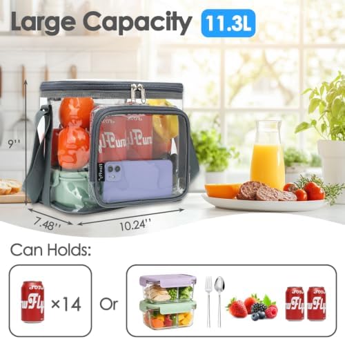 FlowFly Insulated Reusable Lunch Bag Adult Large Lunch Box for Women and Men with Adjustable Shoulder Strap,Front Zipper Pocket and Dual Large Mesh Side Pockets,Clear#Grey