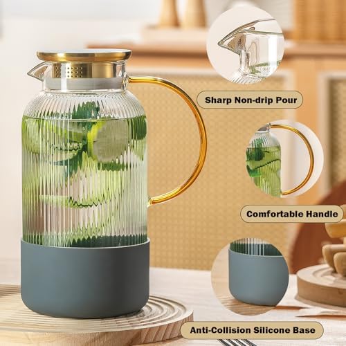Buaic 2 PACK Glass Pitcher with Lid, 68 oz Glass Carafe with Silicone Base